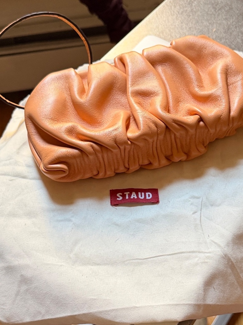 STAUD Peach-Orange Ruched Leather Wristlet / Shoulder / Clutch with Dust Bag - Picture 7 of 8